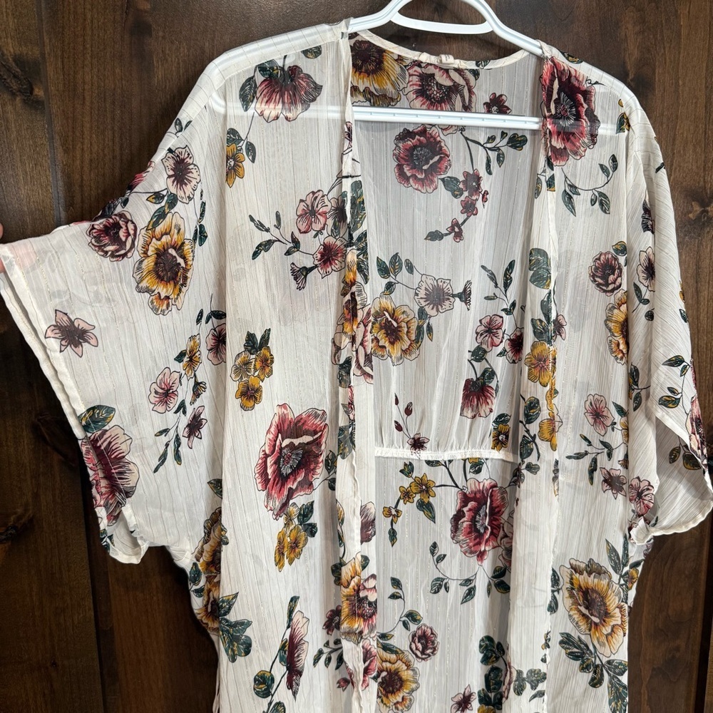 Maurice’s Floral Kimono Cardigan white semi sheer floral print Size 0/1 - Picture 6 of 10